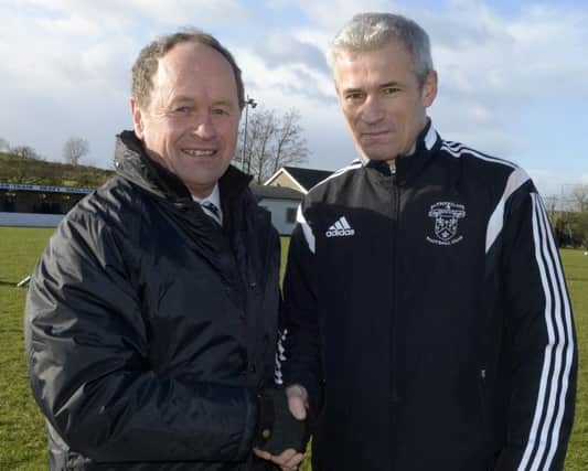 Rathfriland FC Chairman Howard Murray welcomes new Manager Connan Power  ©Edward Byrne Photography INBL1505-235EB