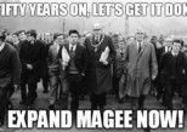 John Hume, Mayor Albert Anderson and Eddie McAteer lead hundreds of fellow citizens to Stormont on February 18, 1965, to protest at the rejection of Londonderry as a site for a second university for Northern Ireland. The image features in a burgeoning  campaign calling for the expansion of Magee 50 years on.