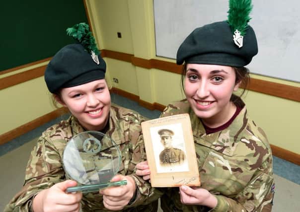 Emmalee Wray and Eve Matthewson from Ballymena Cadet Force Detachment found themselves increasingly inspired as they unearthed details of the personal history of Emmalees own late great-great grandfather, Private Leonard Hamilton, and their touching account of his life earned them first prize in the competition.