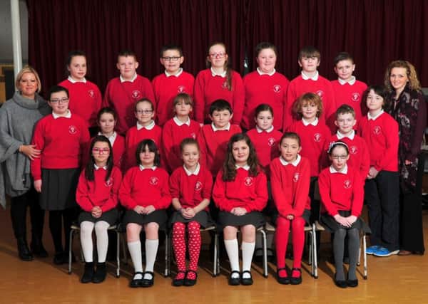 Castledawson Primary School choir with principal Marina McCusker and Jackie Nelson