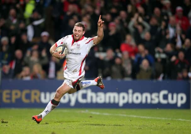 24 Janurary 2015 -   Picture by Darren Kidd / Press Eye
 
European Rugby Champions Cup, Ulster v Leicester Tigers at Kingspan Stadium.

Ulster's Darren Cave runs in his second of the night