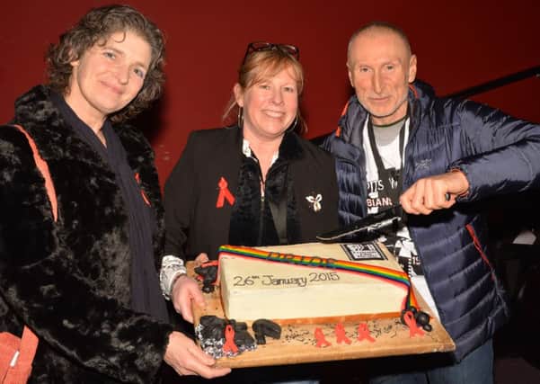 Pictured at the launch night of Portrush Film Theatre in The Playhouse, Portrush are are PFT members, from left, Francis Crickard, Siobhan OMalley with the guest speaker Robert Kincaid from the group London Lesbians and Gays Support the MinersThe audience enjoyed the film Pride and shared a celebratory cake and talk after the film.