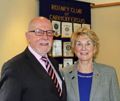 Guest speaker Bill Jeffrey with Rotarian Doreen Dobbs at Carrickfergus Rotary Club. INCT 06-708-CON
