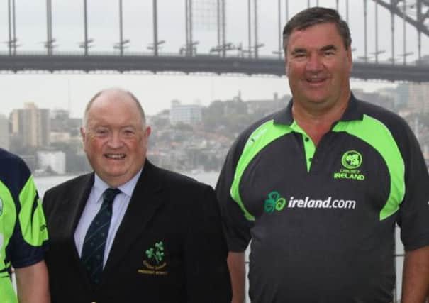 North West duo Joe Doherty (Cricket Ireland President) and Roy Torrens (Ireland Team Manager) pictured beside the Sydney Harbour Bridge.