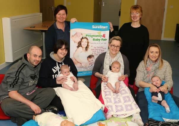 Bernie Carlin and Anne Dillon of Coleraine SureStart pictured with parents and babies launching the Pregnancy & Baby Fair that will be held at the Lodge Hotel on 26th February from 5pm to 8pm. INCR6-313PL