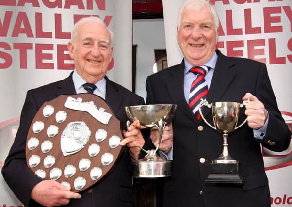 The three pieces of Lagan Valley Steels silverware for which a total of 30 Northern Cricket Union Senior League teams will compete during the season.   Union President, Billy Boyd (left) and sponsor Tommy Anderson of Lagan Valley Steels display the Twenty20 Cup for Premier League teams; the Trophy for Section 1 and the Shield for Section 2 and 3.