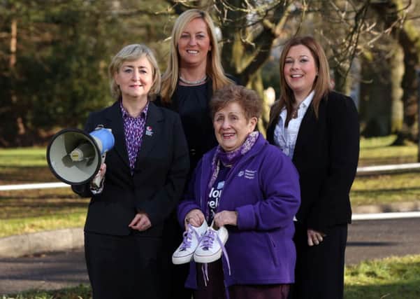 Northern Ireland Hospice Vice-President Olivia Nash launches the 2015 Hospice Walk with Community Nurse Specialist, Grainne McGinnity and Kilwaughter Chemical Company staff Lisa Blair and Niamh-Anne McNally who are Sponsors of the Larne Hospice Walk. INLT-07-707-con