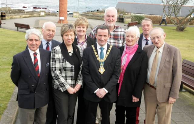 Pictured on Saturday are from left, Speaker Hugh Clarke, John McNally, Angela Baird, Ann Donaghy, Coleraine Mayor, Cllr George Duddy, John Moore, Moira McElderry, David Young and Author of 'Echoes of Open Glory', Maurice McAleese.CR6-028SC.