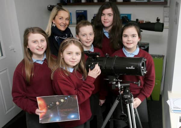 Kells and Connor PS pupils Ella McKay, Chloe Smyth, Kelly Weir, Rachel McCaughey and Amy Houston along with teacher Miss Jill Bartley who will be launching a helium balloon which will be sent to the upper atmosphere. INBT08-203AC