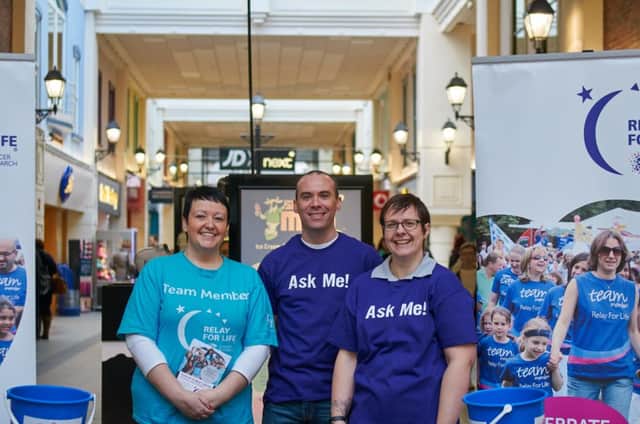 Rhonda Wright, Mark McMahon and Lisa Kirkwood in Fairhill Shopping Centre promoting the Relay For Life Ballymena 2015 event.