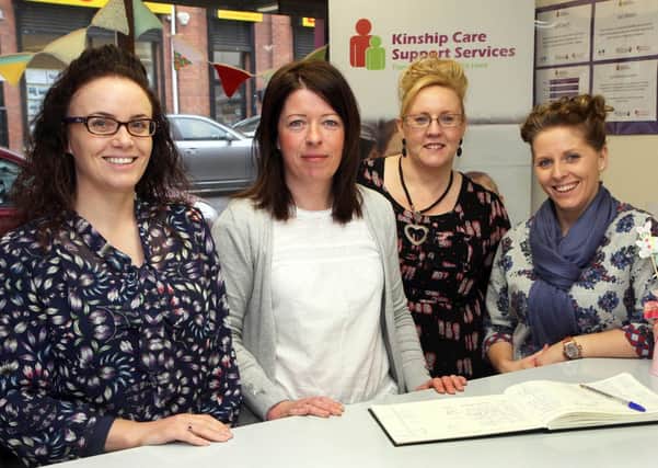 Jacqueline Williamson (second from left), chief executive at the  Kinship Care, keeping families together centre, Carlisle Road, with staff members Leonna McMenamin, service manager, Una McFarland, finance officer and Leeann Harris, advocacy worker.   INLS 0815-4785MT.