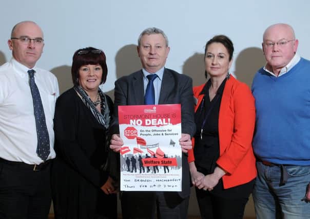 The guest speakers at the Mid-Ulster Trades Union Council public meeting held in the Bridewell Magherafelt last Thursday night. They are Padraig Mulholland, Lucia Collins, Peter Bunting, Stephanie Greenwood and Harry Hutchinson.INMM0715-347