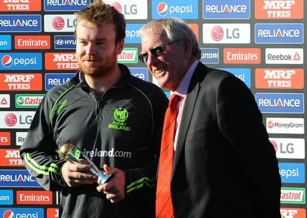Ireland's Paul Stirling is presented with the Man of the Match award after the win over the West Indies. Photo: INPHO / Presseye