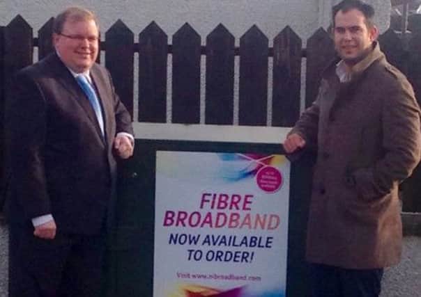 Jonathan Craig MLA and Councillor Luke Poots welcome the super fast broadband rollout in the Magheraconluce/ Drumlough area.