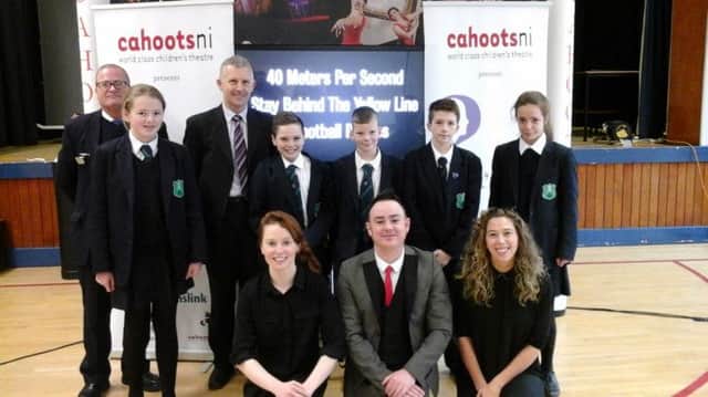Fort Hill Integrated College pupils with Translink NI Railways Route Manager, Gerard McAtarsney, Translink NI Railways Lisburn Line Supervisor, Pat Hunt and Cahoots NI at the performance of iPredict - a Translink, Cahoots NI and Arts & Business collaborative rail safety project.