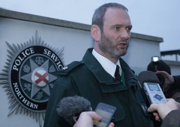 Superintendent Mark McEwan speaking at a press conference at Strand Road PSNI Station on the Currynierin security alert.