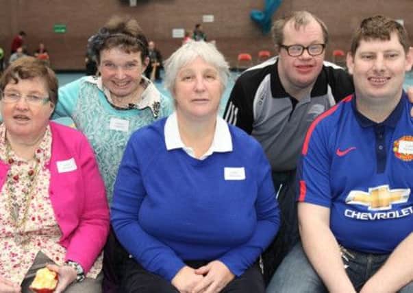 Jenny McIlroy, Margaret McMahon, Norma Nichol, Andrew Walsh and Gareth Diack taking part in the boccia event at Lisburn Leisureplex. Boccia is a paralympic sport for athletes with disabilities. US1506-548cd  Picture: Cliff Donaldson
