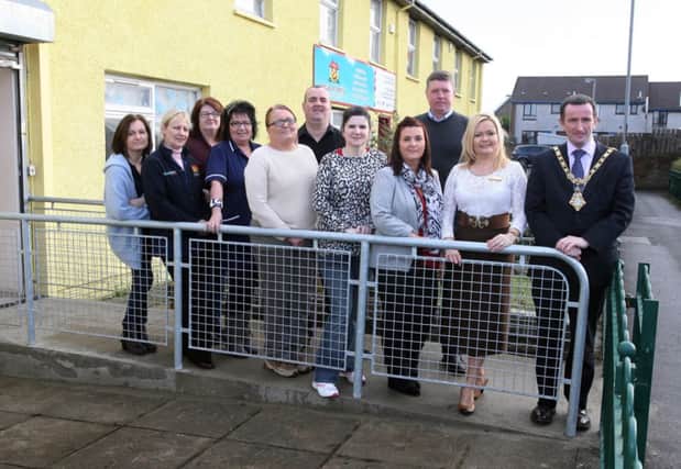 Councillor George Duddy, Mayor of Coleraine, Pamela Mullan, Housing Executive, Jill Proctor, centre manager, and staff pictured at the launch of the new Disabled Access at Focus on Family Ballysally. INCR8-300PL
