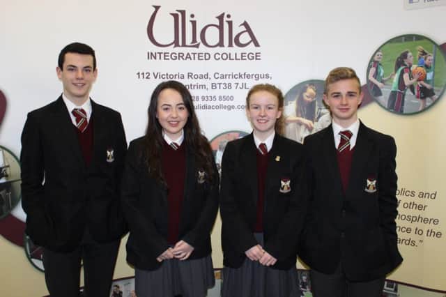 Ulidia Integrated College's Jamie Davidson, Darcy Burrows, Grace Carson and Blake McAllister who are developing an energy app. INCT 08-701-CON