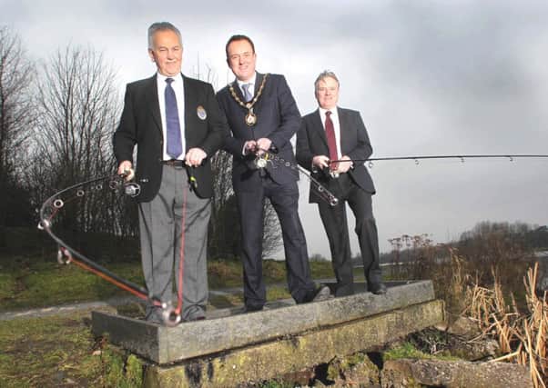 Oliver McGauley, President of the National Course Fishing Federation of Ireland (NCFFI), the Mayor of Craigavon, Councillor Colin McCusker and Aidan Cassidy, Head of Fisheries Policy at Department of Culture, Arts and Leisure launching the World Championships Predator Bank Fishing with Lures 2015 at Craigavon Lakes.