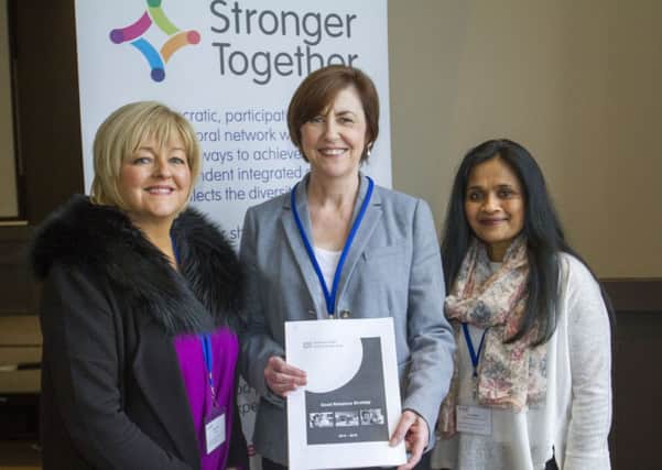 Alison Irwin, Head of Equality, Northern Trust; Pamela Montgomery, Non-Executive Director of the Northern Trust and Chair of the Equality Steering Group and Ivy Ridge, Project Director, Ballymena Inter-Ethnic Forum (Ballymena) INLT-08-701-con