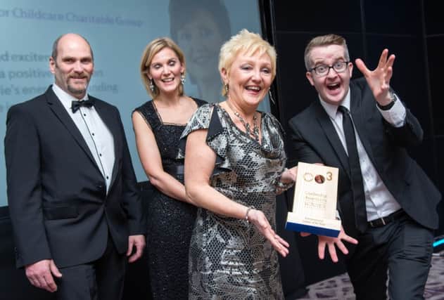 Pictured from left are Marie Marin, CEO, Employers For Childcare Charitable Group and winner of the CO3 Entrepreneurial Leader of the Year Award, Nora Smith, CEO, CO3 Chief Officers Third Sector, Michael Donnelly, Head of the Voluntary and Community Unit in DSD (award sponsors) and David Meade, Broadcaster.