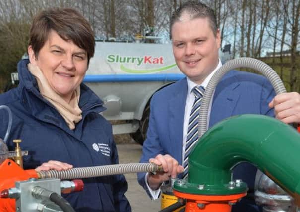 Enterprise, Trade and Investment Minister Arlene Foster has announced expansion plans and the creation of 12 new jobs at SlurryKat Limited in Waringstown, County Armagh . The company which designs, manufacturers and exports agri-equipment for the management of farm slurry, plans to expand their established international business which currently exports machinery to customers in over 20 countries. Pictured with the Minister is  Managing Director of Slurrykat Garth Cairns.
Photo by Aaron McCracken/Harrisons 07778373486