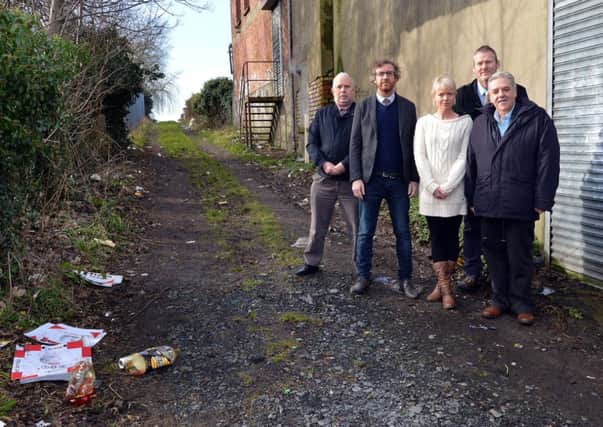 The Upper Bann branch of UKIP are trying to get action taken about an anti-social hotspot in Lurgan just off Connolly Place and adjacent to the Trasna Way mental health facility. The alleyway is being used daily for drug and alcohol abuse and the party is trying to have something done through the council and police. Pictured at the site are from left, Martin Whitehead, Upper Bann committee member, David Jameson, chairman, Lindsey White, staff member at neighbouring business, Maxwells, Jonathan Johns, Upper Bann UKIP secretary, and Councillor David Jones, ABC Council. INLM08-200.