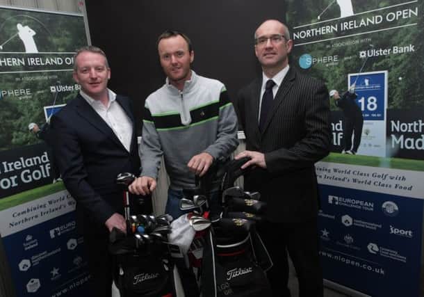 NORTHERN IRELAND OPEN. . . .Golfer Michael Hoey pictured on Thursday launching the Northern Ireland Open golf tournament at Sphere Global, Campsie, Londonderry. Included in photo are Sean McNicholl, Managing Director, Sphere Global and Neil Cooke, Ulster Bank, sponsors.
 Photo by Jim McCafferty