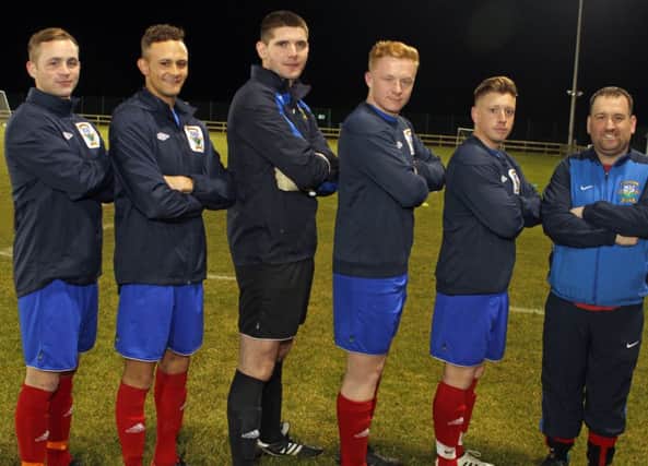 GIMME FIVE. Glebe Rangers boss, Jason Wilmont (right), pictured with new signings (from left), Josh Hannaford, Lloyd Kirlew, Chris McKendry, Tyler Hudson and Gregory Edwards.INBM8-15 008SC.