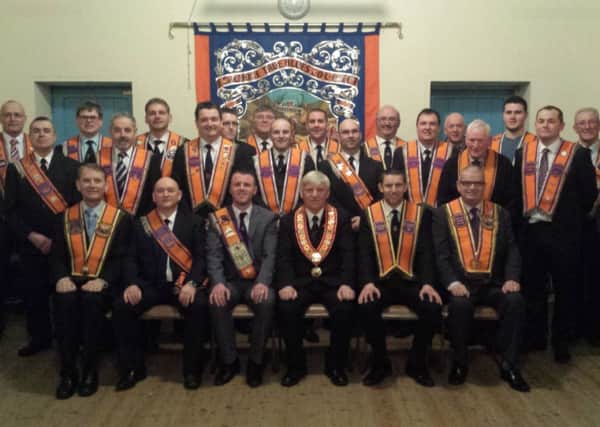 Brethren who attended a joint Installation of officers for all the Private Lodges within The City of Londonderry No.1 District LOL, which was held in Victoria Hall, Culmore.
