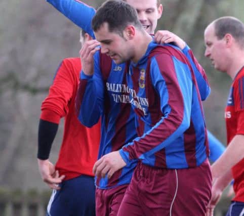 Scarva Rangers Dean McCammon celebrates his first goal v Armagh Rovers.INPT13-608a.
PTFOOTBALLMU14