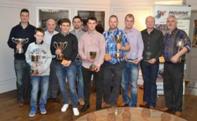 Back row - Stephen Poots, Billy McLarnin from Annahilt (Mourne Motorcycle Club Chairman) and Mark Patterson. Front row -s Ben Kennedy, Glen McCormick, Jack Wilson, Samuel Donnelly, Ricky Portis, Roy Beattie and Richard Portis.