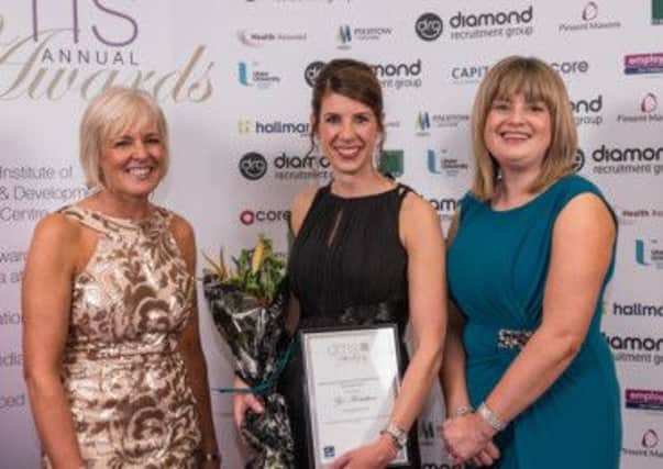 Zoe Monahan (centre), Department for Employment & Learning, receives her certificate for the Advanced Diploma in Human Resource Management from Lynn Carson (left), Managing Director of DMS Ireland and Donna Parker (right), Regional Manager of Diamond Recruitment Group, Sponsor Partner for the DMS Awards 2014.