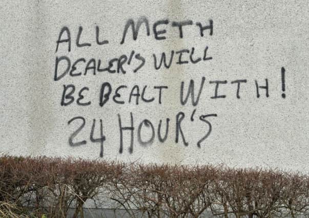 Graffiti on the wall of a property at the bottom of Rashee Road, Ballyclare. INNT 08-003-PSB