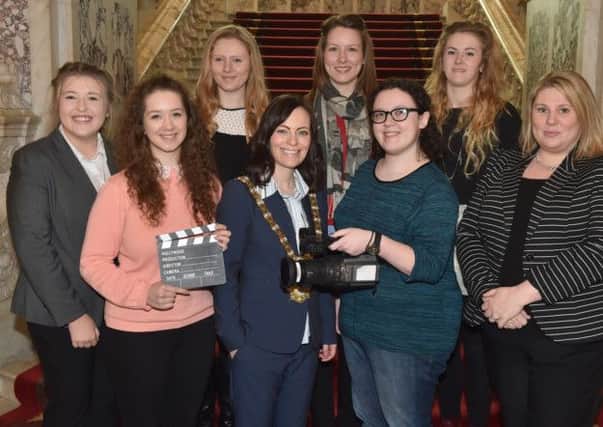 Front Row, Collette McAllister, Jessica Hanly, Belfast Lord Mayor, Nichola Mallon, Aine Quinn, Lucy McClelland, NI Assembly Education Officer, Back Row, Elle McMaster, Roisin Brown and Becca Millar at the launch of Cinemagic's Reel Politics film project promoting the benefits of young women in politics to mark international women's day. The Reel Politics project which runs this week is a partnership between Belfast City Council, the Northern Ireland Assembly and Cinemagic aimed at young women aged 16-25 years old.