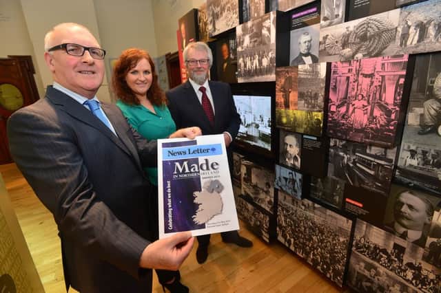 Pacemaker Press Belfast 13-02-2015: News Letter made in Northern Ireland Awards. Pictured to promote the new event Rankin Armstrong, Karen Fitzmaurice and Richard Sheriff at Belfast City Hall. Picture By: Arthur Allison.