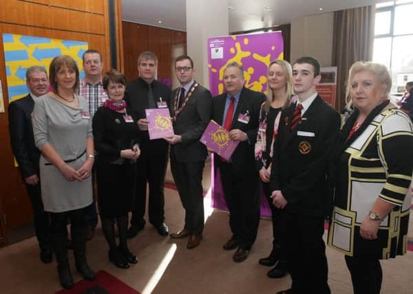 Deputy Mayor Gary Middleton at the launch of the Joint Conference of the Foyle/Derry Alcohol Forum, with, from left are Harry Crossan, Mary Slevin, Jim McCallion, Dr. Ann Kilgannon, John Mahon, Victor Robinson, Karen Sharkey, Conal Doherty and Sadie OReilly. INLS0815MC004