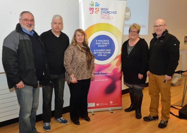 Su Finch (2nd right) from Care for the Family was guest speaker at the Irish Churches Peace Project meeting on drugs awarness in the Market Yard and is pictured with (from left) Rev Tommy Stephenson, Keith Hamilton Director of ICPP, Ann McKeown from the ICPP planning group and Eamonn McFerran ICPP Good Relations Officer. INLT 09-001-PSB