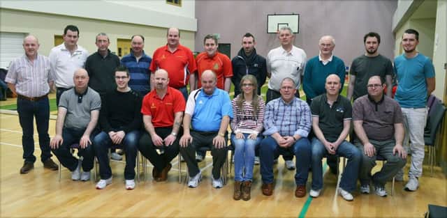 Finalists in the First Ahoghill Bowling Club pairs competition pictured before the start of play in Saturday's finals night in the church hall.  INBT 10-850H