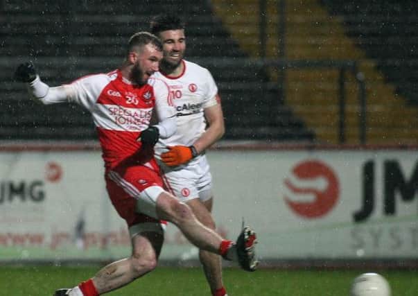 ©/Presseye.com - 28th February 2015.  Press Eye Ltd - Northern Ireland - Allianz NFL Division 1 Round 3. Tyrone V Derry

Derry's Terence O'Brien scoring the only goal of the game..

Mandatory Credit Photo Lorcan Doherty / Presseye.com