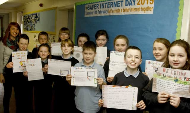 Mrs Jess with her Primary Seven pupils during Internet Safety Day at Straidbilly Primary school Liscolman