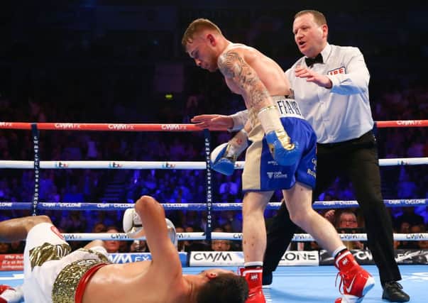 Carl Frampton stopped opponent Chris Avalos in the fifth round of Saturday night's IBF super-bantamweight World title fight. Photo: Pesseye