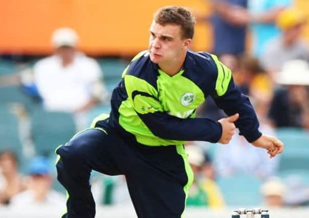 Donemana's Andrew McBrine bowling for Ireland against South Africa this morning.