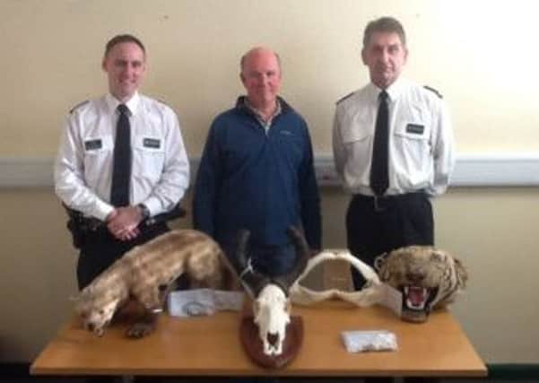 Police officers with a number of items of endangered species discovered in Lurgan