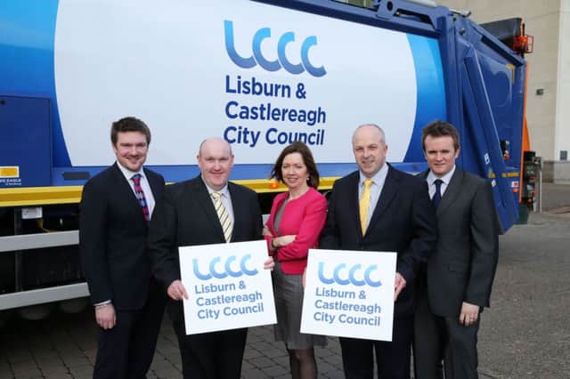 Pictured at Lagan Valley Island, Lisburn, and launching the new brand for Lisburn & Castlereagh City Council, is Chief Executive, Dr Theresa Donaldson with Elected Members (l-r) Cllr Scott Carson; Alderman William Leathem; Alderman James Tinsley and Cllr Stephen Martin.