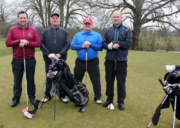 Davy Bamford, Michael McAuley, Malachy Bellew and Gary Boyd in action at Galgorm Castle Golf Club. INBT 10-901H