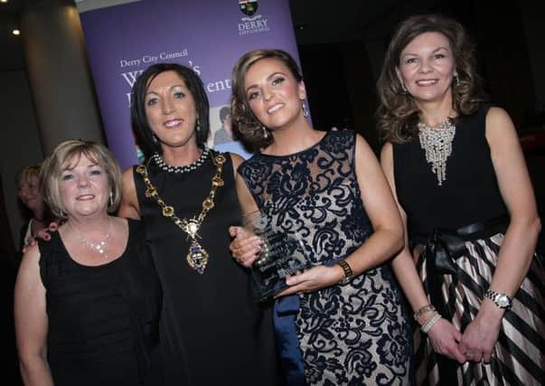 Woman of the Year 2015 Debra McGlinchey pictured with her mum, ??????, Mayor, Councillor Brenda Stevenson and Darinagh Boyle, Local Women, sponsors after her success on Friday night at the City Hotel.