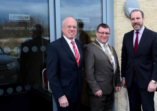(From left) LEDCOM chairman, Henry Fletcher, Larne mayor Councillor Martin Wilson and LEDCOM chief executive Ken Nelson at the launch of the Larne Business Innovation and Incubation Programme, which aims to create 25 new jobs for start-up companies at Willowbank Business Park. INLT 10-652-CON