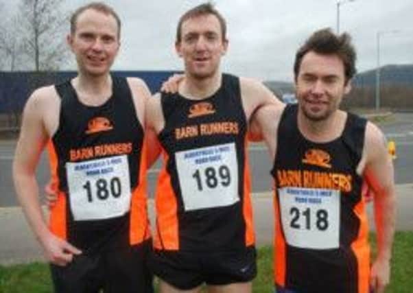 (l-r): Barn Runners' Andrew Stevenson, Neil Porter, Barry Wheelwright at Albertville 5 mile race. INLT 11-926-CON